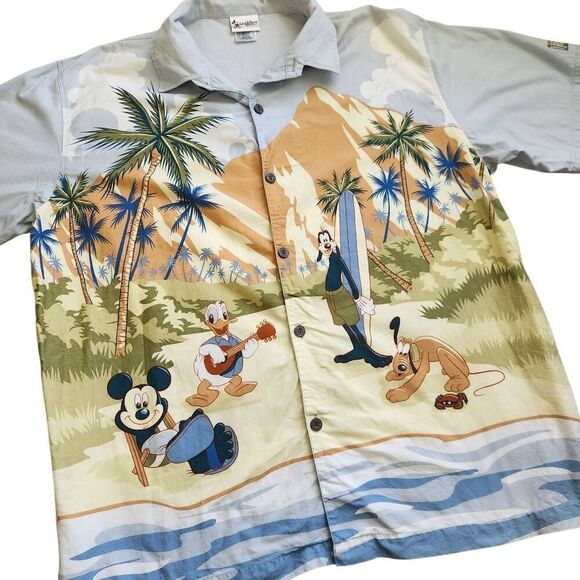 Vintage Disney World 90s Button Front Mens XL Mickey Donald Goofy Aloha Hawaiian - Picture 1 of 4